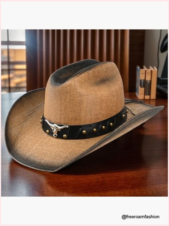 Western Straw Cowboy Hat with Metal Bull Head Badge - Adjustable Brim